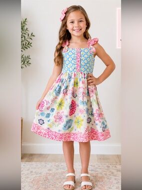 Eleanor Rose Girls Floral Boutique Dress Pink Blue Ruffle Sundress Size 7/8